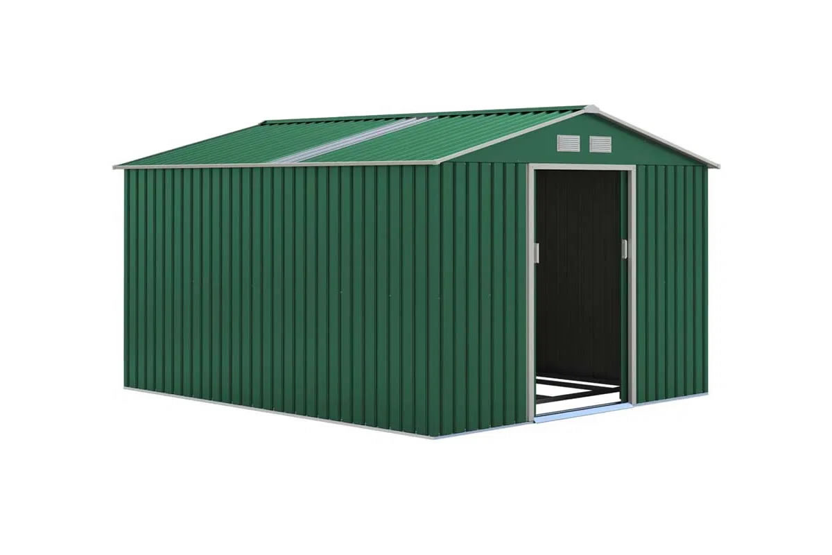 View Oxford Dark Green Galvanised Metal Outdoor Garden Shed 91ft x 84ft Pitched Reinforced Roof Sliding Lockable Doors Air Vent To Allow Air Flow information