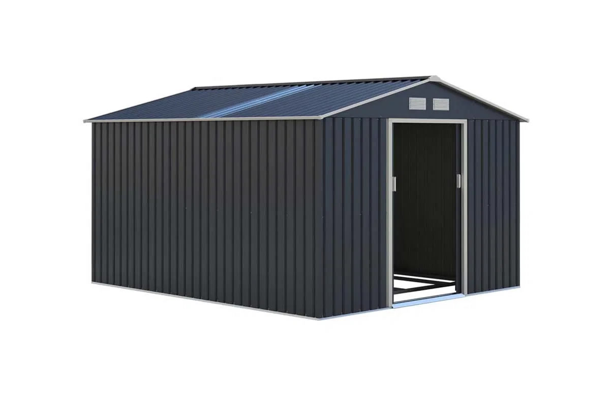 View Oxford Dark Grey Galvanised Metal Outdoor Garden Shed 91ft x 84ft Pitched Reinforced Roof Sliding Lockable Doors Air Vents To Allow Air Flow information