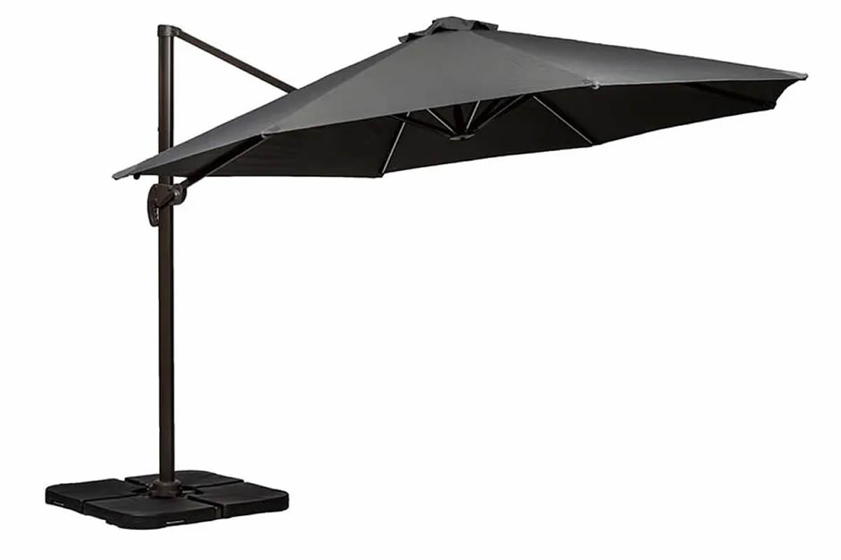 View Grey Polyester Fabric Round Cantilever Parasol Solar Powered LED Lighting Free Standing Design Crank Tilt System Weather Proof Coating information