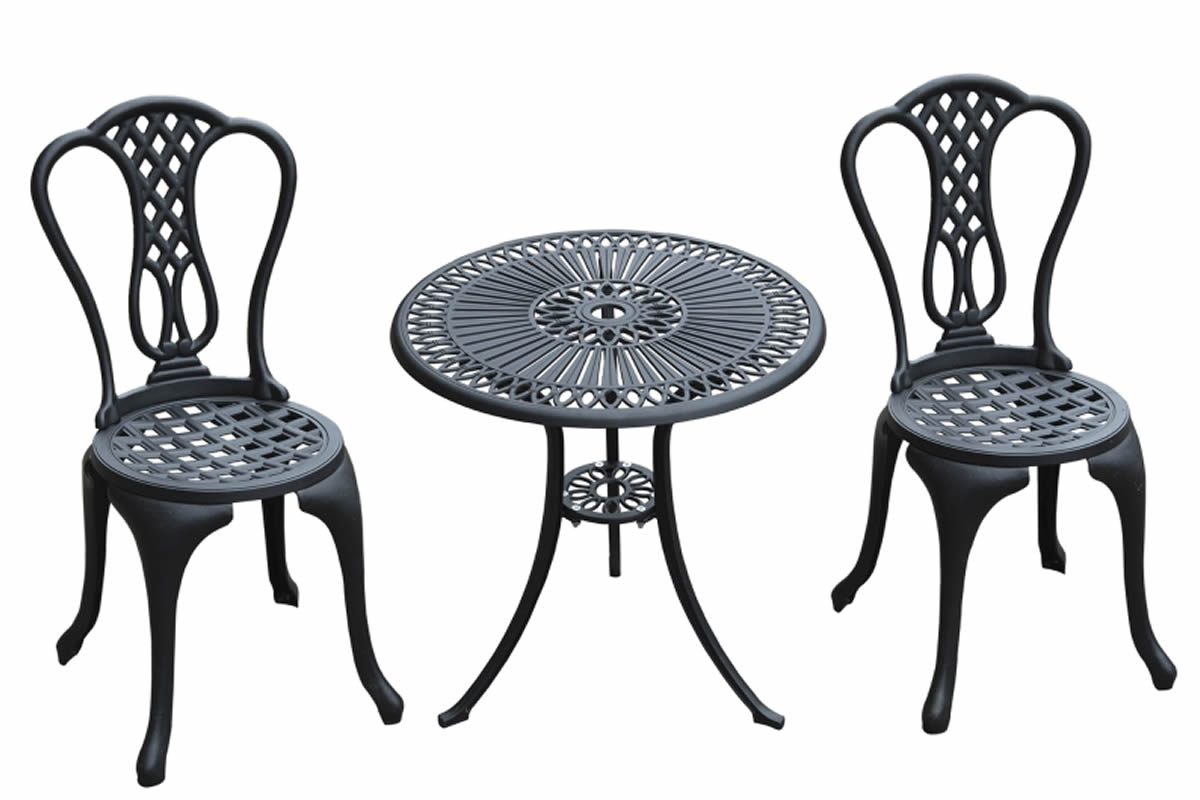 View Black Metal 2 Seater Bistro Set With 63cm Diameter Round Table Parasol Hole Solid Aluminium Cross Lattice Design Maintenance Free Ashton information