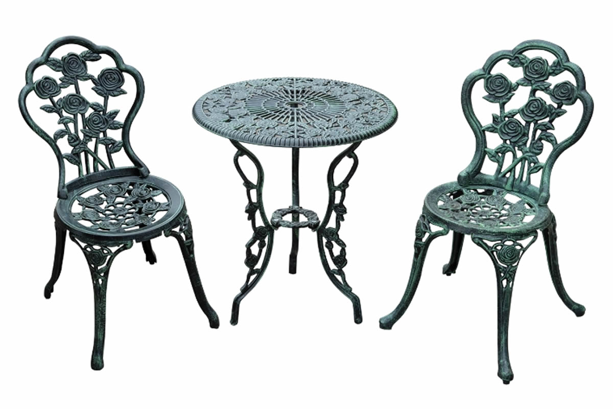 View Green 2 Seater Metal Bistro Set Round 60cm Table With Parasole Hole Solid Cast Aluminium Frame Floral Pattern MaintenanceFree Albaston information