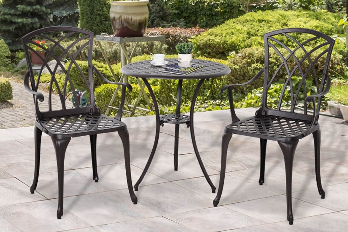 View Brown Metal Bistro Set 2 Chairs 61cm Round Table Parasol Hole Solid Cast Aluminium Frame MaintenanceFree Adjustable Feet Ashill information