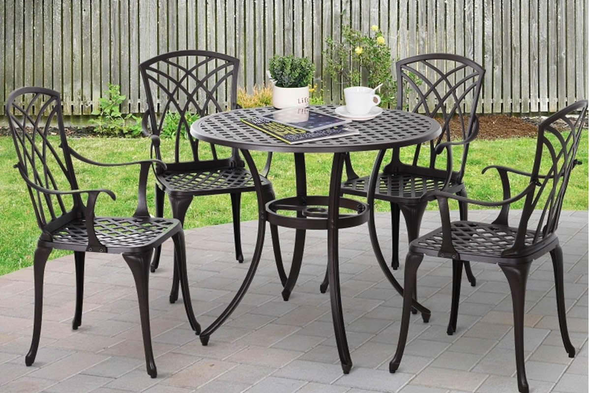 View Brown Metal Bistro Set 4 Chairs 61cm Round Table Parasol Hole Solid Cast Aluminium Frame MaintenanceFree Adjustable Feet Ashill information