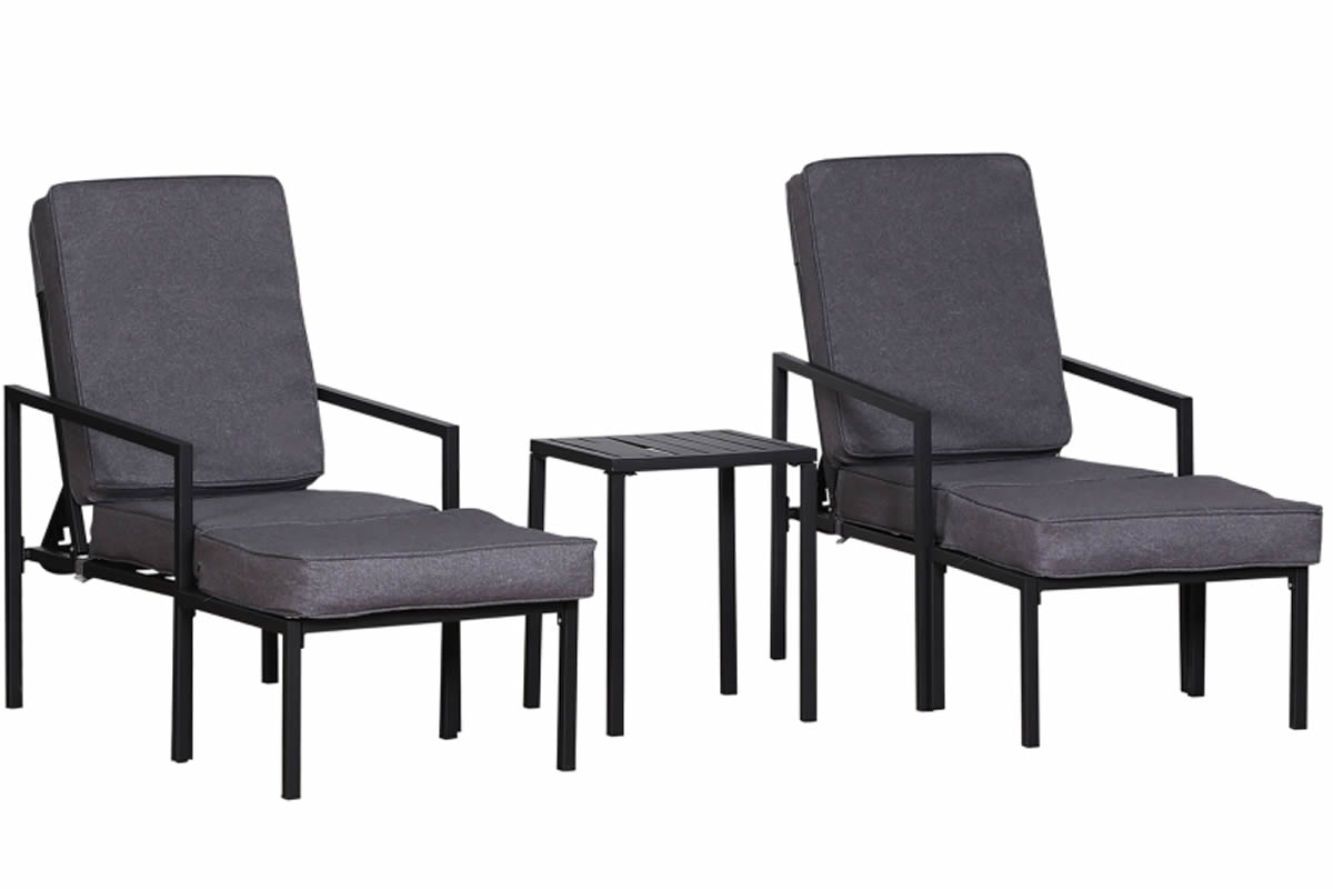 View Black Meta 2 Seater Outdoor Garden 5 Piece Patio Set 2 Adjustable Armchairs With Footstools Grey Waterproof Cushions Slatted Coffee Table Bude information