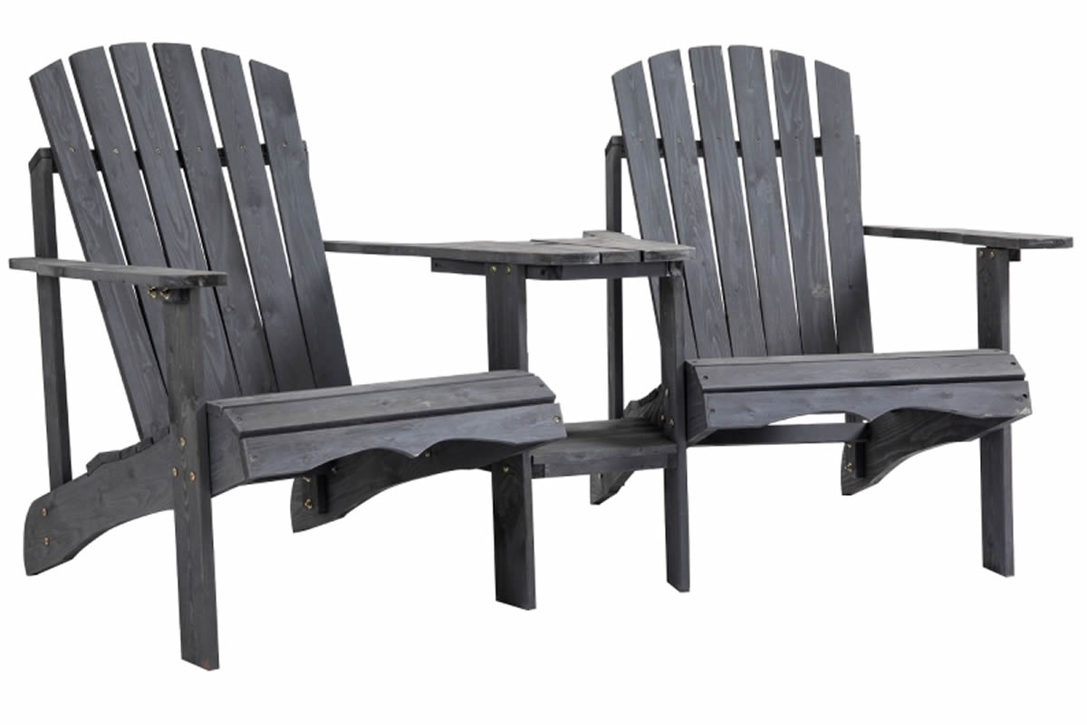 View Charcoal Grey Wooden Fixed Companion Set 2 Large Chairs With Sloping Seat Arched Slatted Backrest Wide Armrest Fixed Corner Table Camborne information