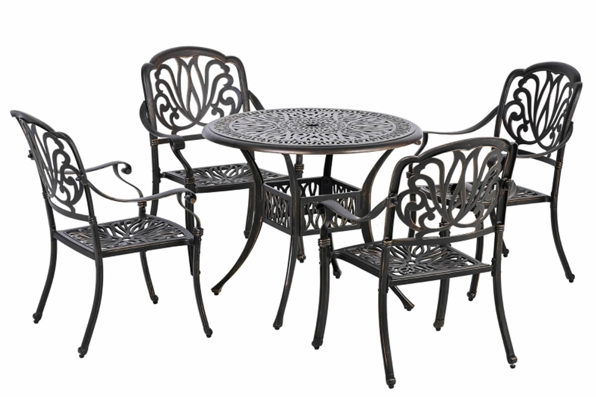 View Black 4 Seater Metal Garden Dining Set 5 Piece With 4 Chairs Round Table Flower Carved Design Cast Aluminium Powder Coating Finish Brent information