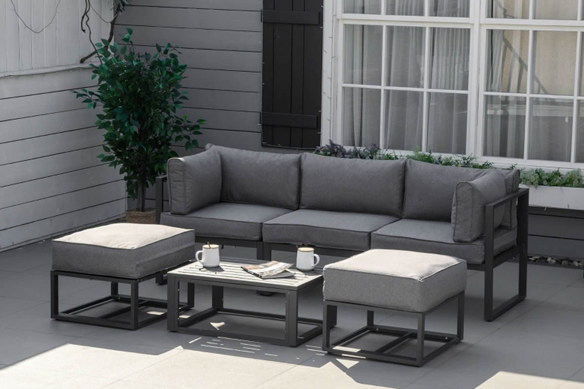 View Grey Metal 6 Piece Garden Set Corner Middle Sofa Coffee Table Footstools Grey Cushions Solid Cast Aluminium 2 in 1 Design Bradford information