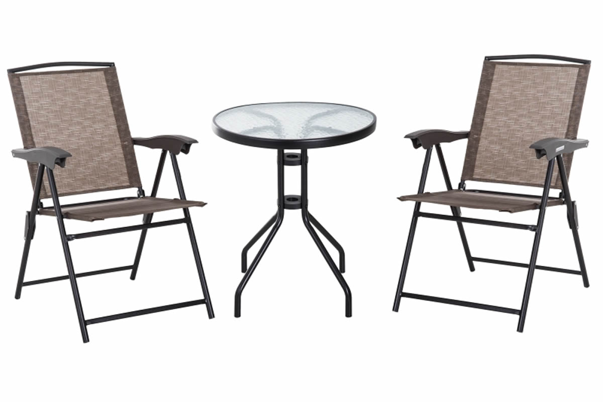 View Brown Meta Folding Garden Set 2 Mesh Fabric Adjustable Folding Chairs With Curved Arms Round Glass Top Table Powder Coated Steel Frame Brooks information