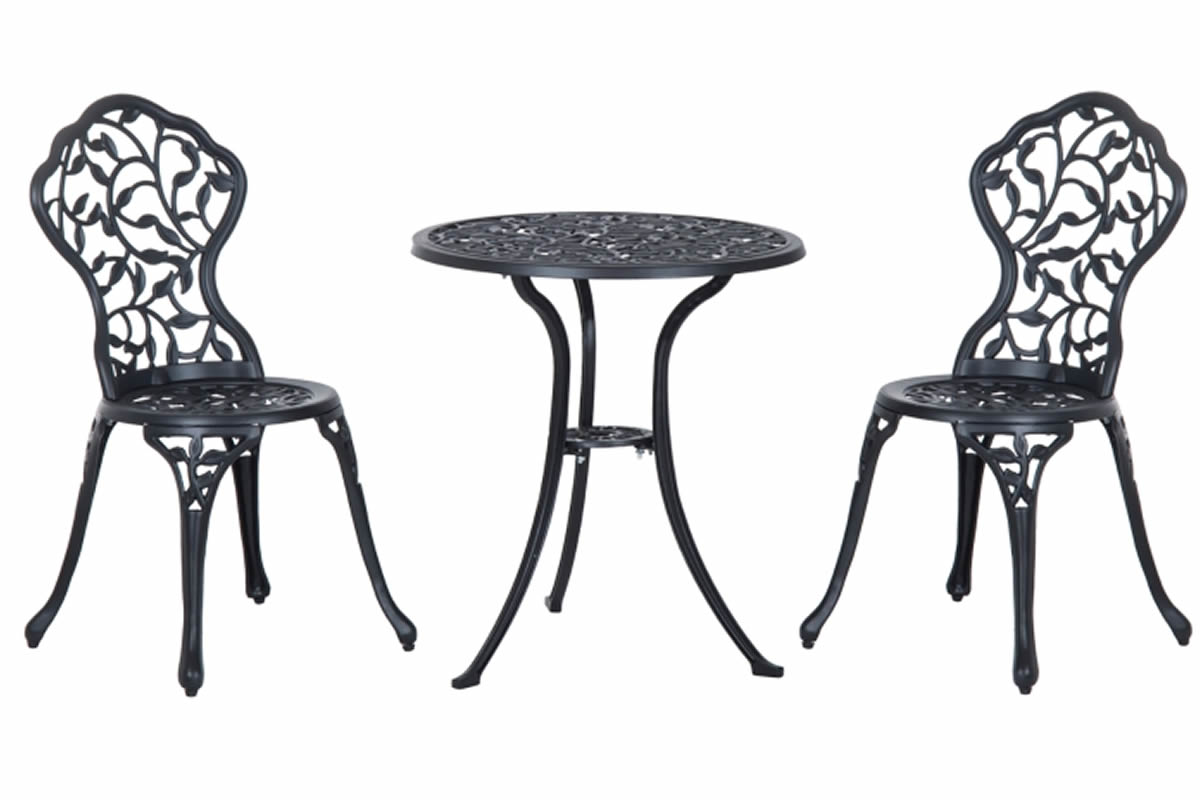 View Black Metal 2 Seater Garden Bistro Set 60cm Round Table With Parasol Hole 2 x Chairs Leaf Design Crafted From Solid Cast Aluminium Bodmin information