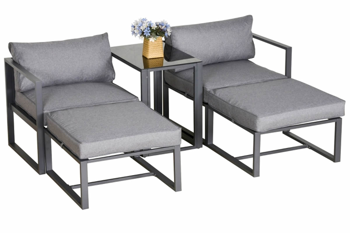View Roseland Grey Metal 5Piece Outdoor Garden Patio Lounger Set Consists Of 2 Chairs 2 Stools One Coffee Table Deeply Padded Weather Resistant information