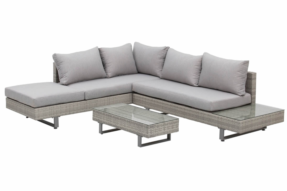 View Grey 5 Seater Synthetic Rattan Garden Corner Lounging Set 2 3 Seater Sofa Glass Top Coffee Table End Table Grey Padded Cushions Buxworth information