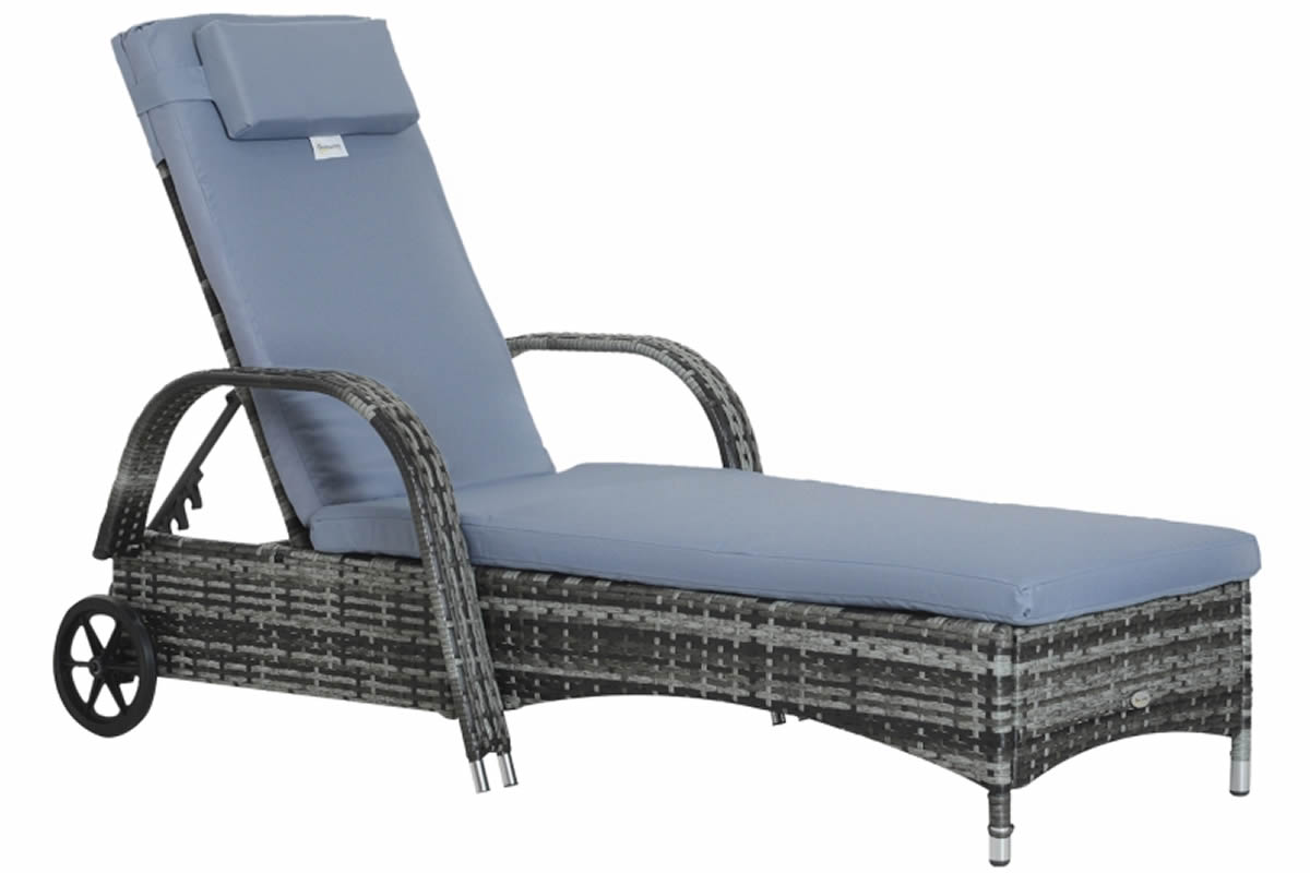 View Grey Durable Rattan Adjustable 2 Wheel Sun Lounger 5 Position Reclining Backrest Grey Deeply Padded Cushions Powder Coated Steel Frame Alton information