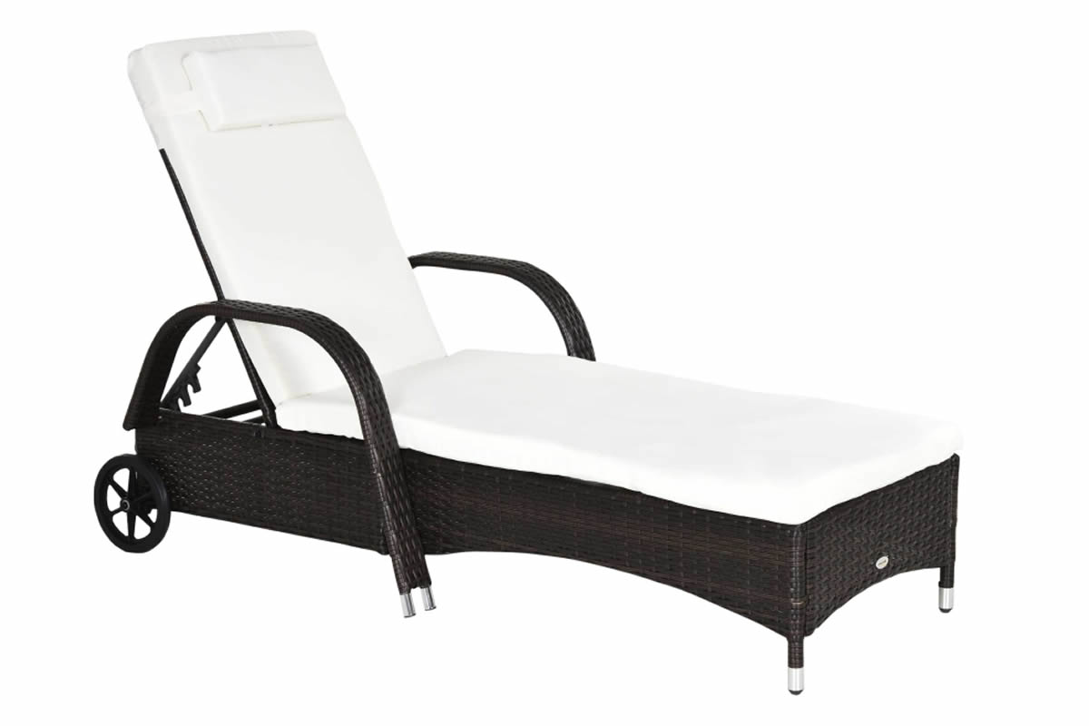View Brown Durable Rattan Adjustable 2 Wheel Sun Lounger 5 Position Reclining Backrest Cream Deeply Padded Cushions Powder Coated Steel Frame Alton information