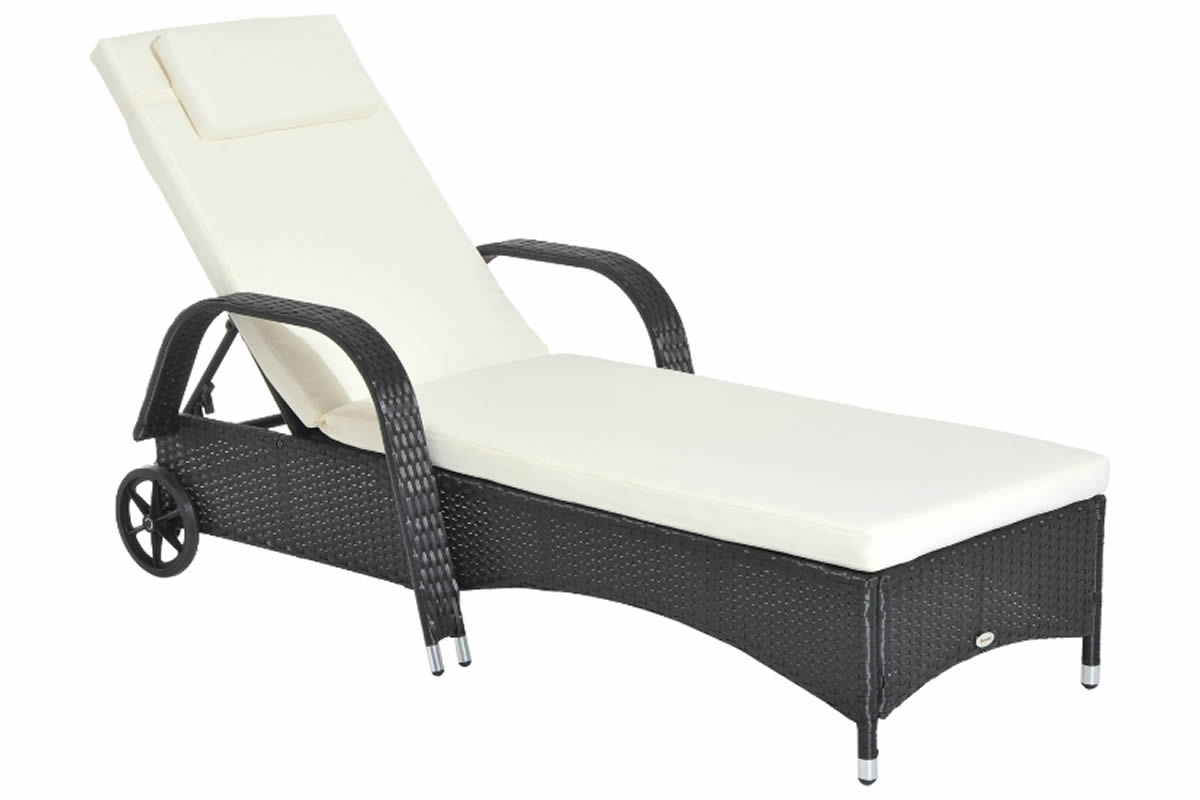 View Black Durable Rattan Adjustable 2 Wheel Sun Lounger 5 Position Reclining Backrest Cream Deeply Padded Cushions Powder Coated Steel Frame Alton information