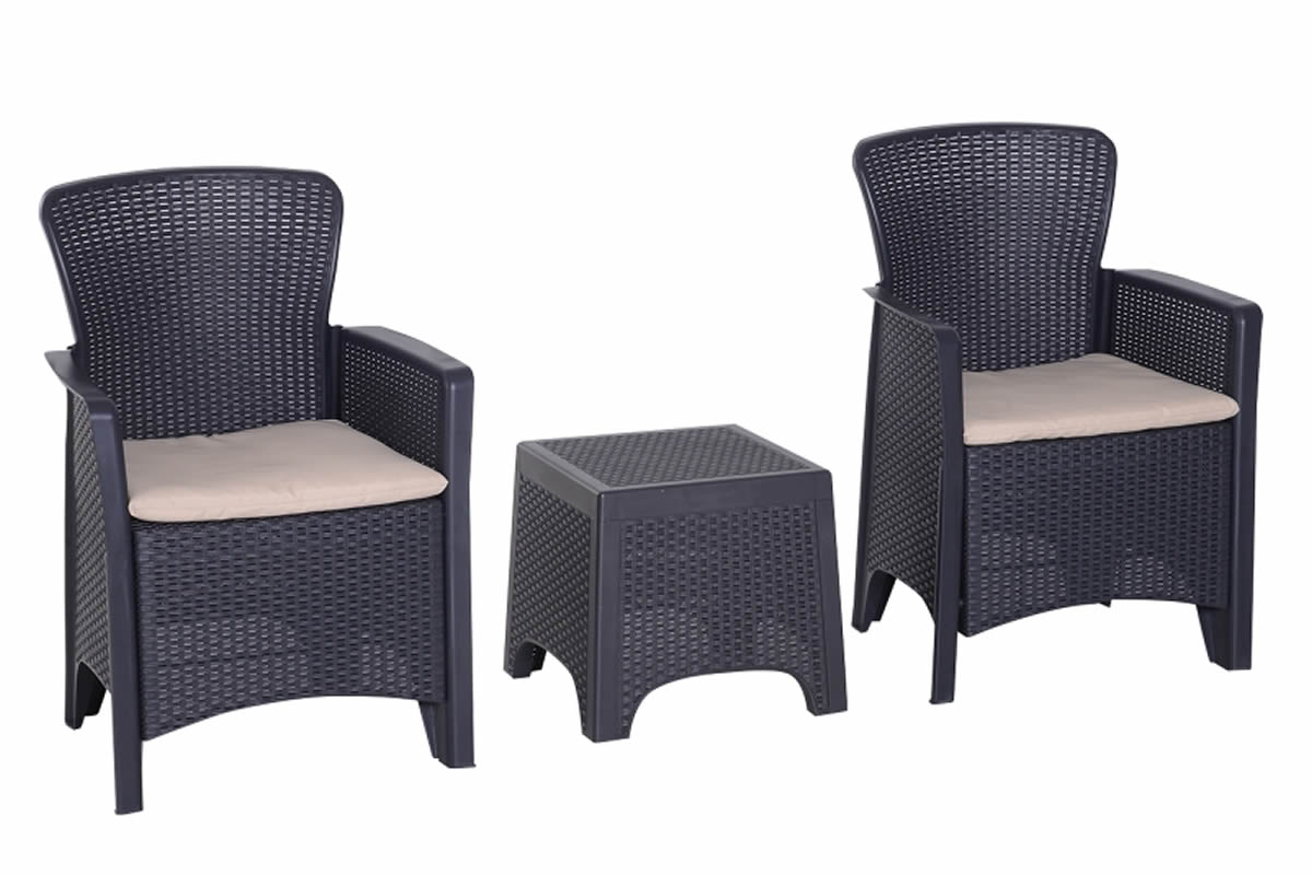 View Grey Rattan Polypropylene 2 Seater Garden Bistro Set 3 Piece Set With Two Chairs Side Table Padded Seat Cushions Weather Resistant Holdworth information