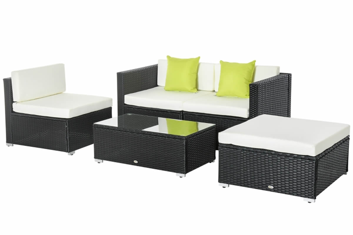 View Black Synthetic Rattan Modular 5 Piece Garden Set CornerMiddle Sofa Footstool Cushions Glass Top Table Metal Frame Clifton Combo information