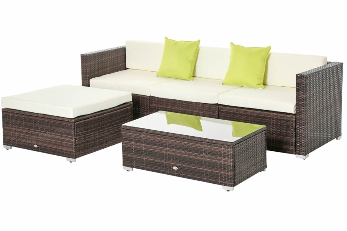 View Brown Synthetic Rattan Modular 5 Piece Garden Set CornerMiddle Sofa Footstool Cushions Glass Top Table Metal Frame Clifton Combo information