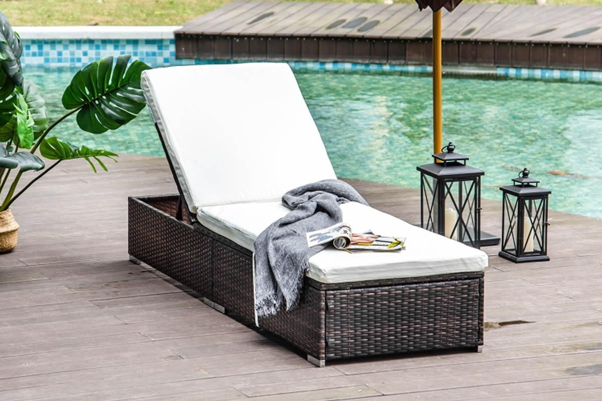 View Brown Synthetic Rattan Garden Reclining Sun Lounger 5 Position Adjustable Back Cream Padded Seat Back Cushion Metal Frame Calver information