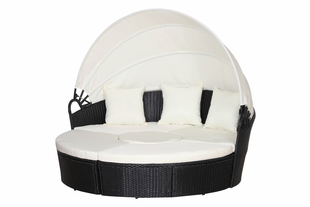 View Black 6 Seater Synthetic Rattan Round Sofa Bed Modular Set Cream Retractable Overhead Canopy Cushions Powder Coated Steel Frame Belper information