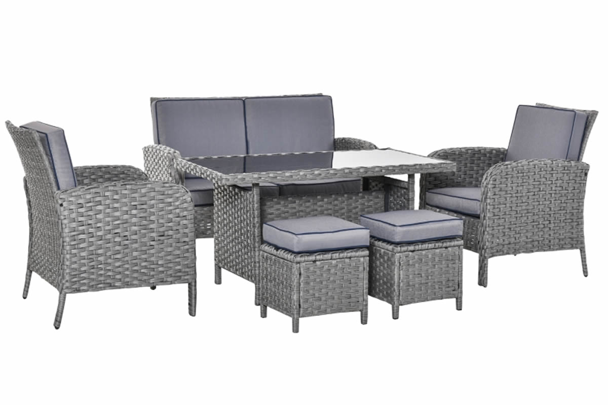 View Grey 6 Seater Rattan Dining Set 2 Armchairs Stools With 2 Seater Sofa Glass Top Table Powder Coated Steel Frame Padded Cushions Henbury information