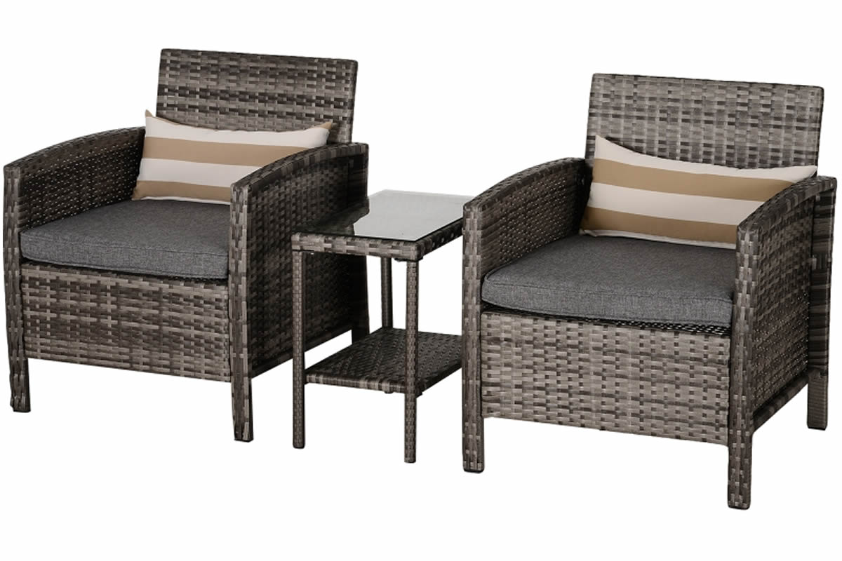 View Grey PE Rattan 2 Seater Garden Bistro Set Two Chairs With Two Tier Table Glass Top Padded Seat With Bolster Cushion Steel Frame Grassmoor information