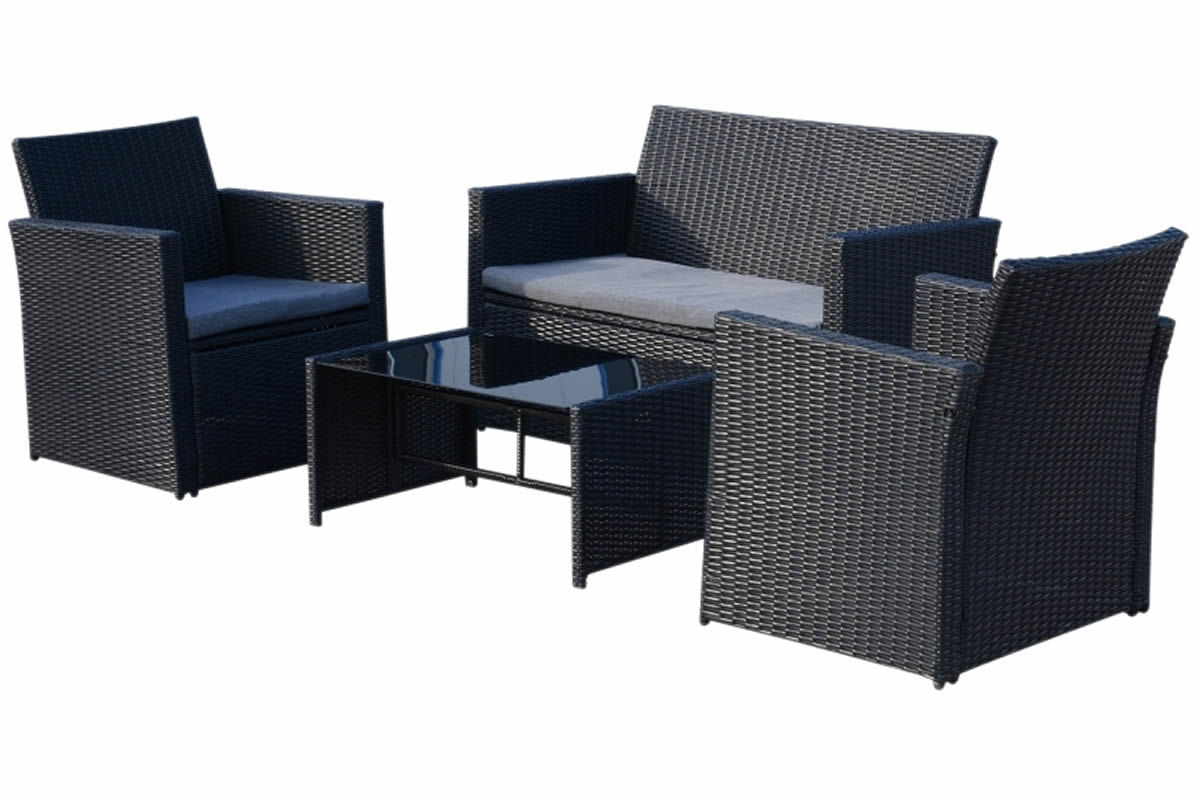 View Black Synthetic Rattan 4 Seater Garden Set 2 Seater Sofa 2 High Back Chairs With Grey Cushions Coffee Table With Glass Top Steel Frame Edale information