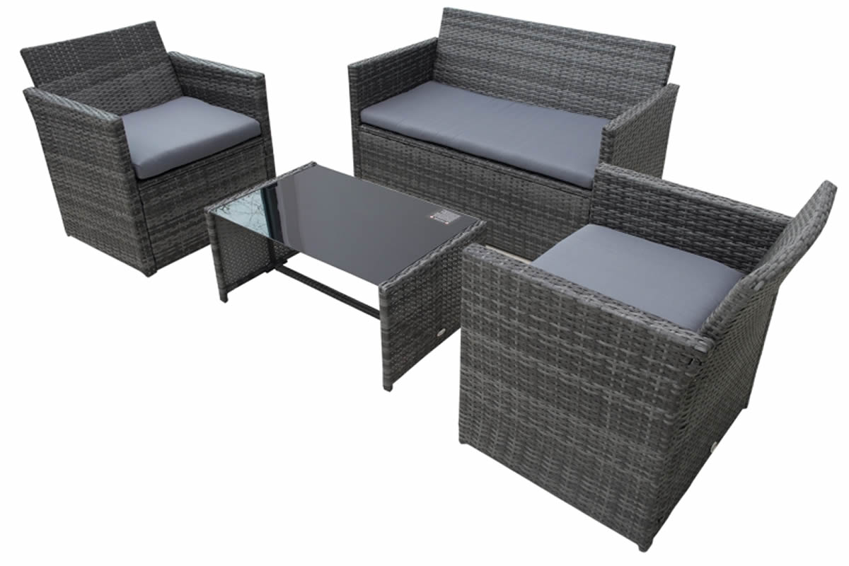 View Grey Synthetic Rattan 4 Seater Garden Set 2 Seater Sofa 2 High Back Chairs With Grey Cushions Coffee Table With Glass Top Steel Frame Edale information
