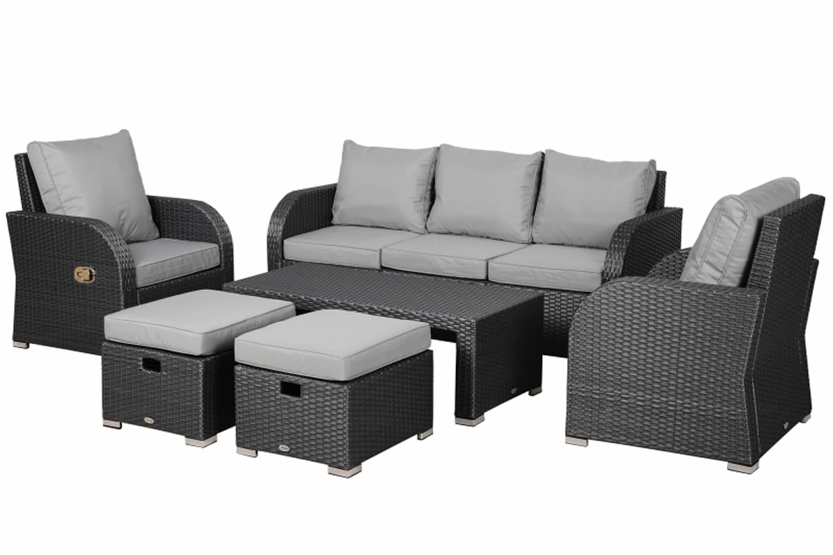 View Grey Synthetic Ratten 6 Piece Sofa Set 3 Seater Sofa 2 Manually Operated Armchairs Table 2 Footstools Grey Padded Cushions Chisworth information