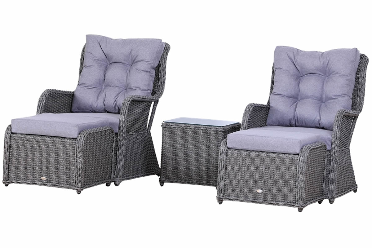 View Grey 2 Seater Synthetic Rattan Garden Companion Set 5 Pieces Includes 2 Armchairs Table With Glass Top 2 Footstools Grey Cushions Bosley information