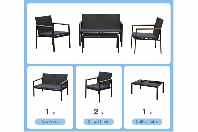 Etal Black 4 Seater PE Rattan Table & Chair Set