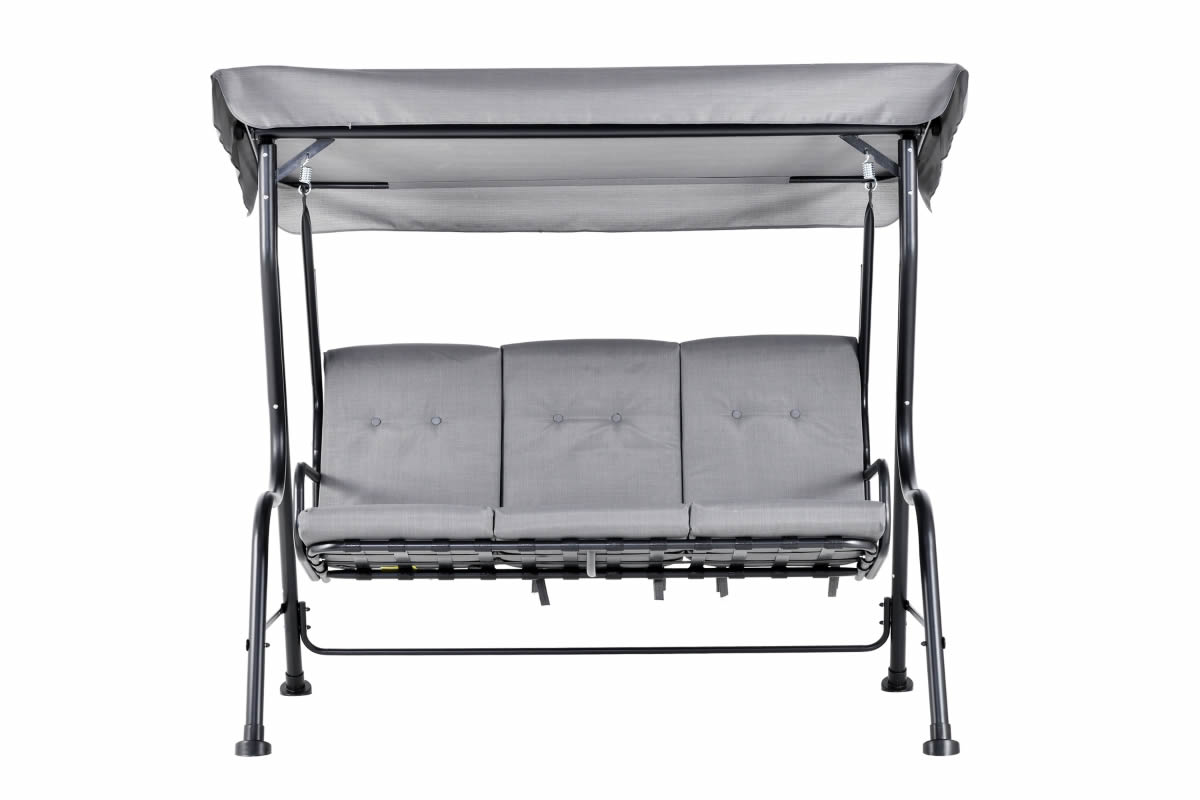 View Nunnington Grey Fabric Steel Frame 3Seater Outdoor Garden Swing Chair Rain Resistant Fabric Deeply Padded Seat Back Cushions Robust Frame information
