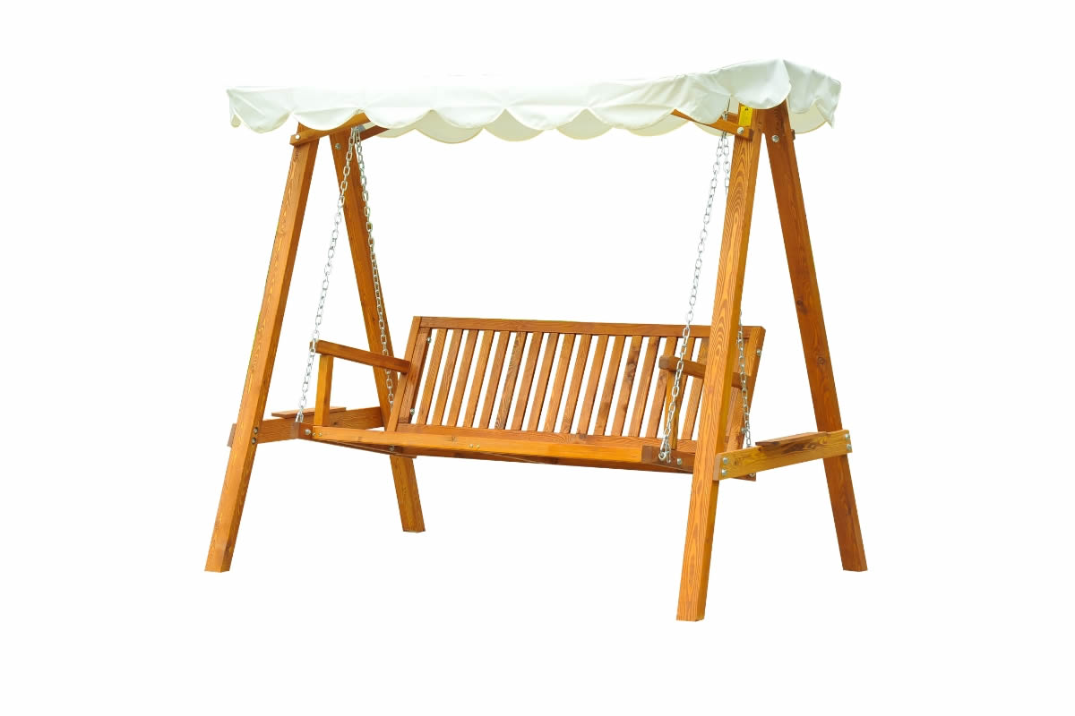 View Scotney 3 Seater Wooden Outdoor Garden Swing Chair Cream Weather Proof Canopy Acacia Hardwood Frame Slatted Bench Seat Allows Airflow information