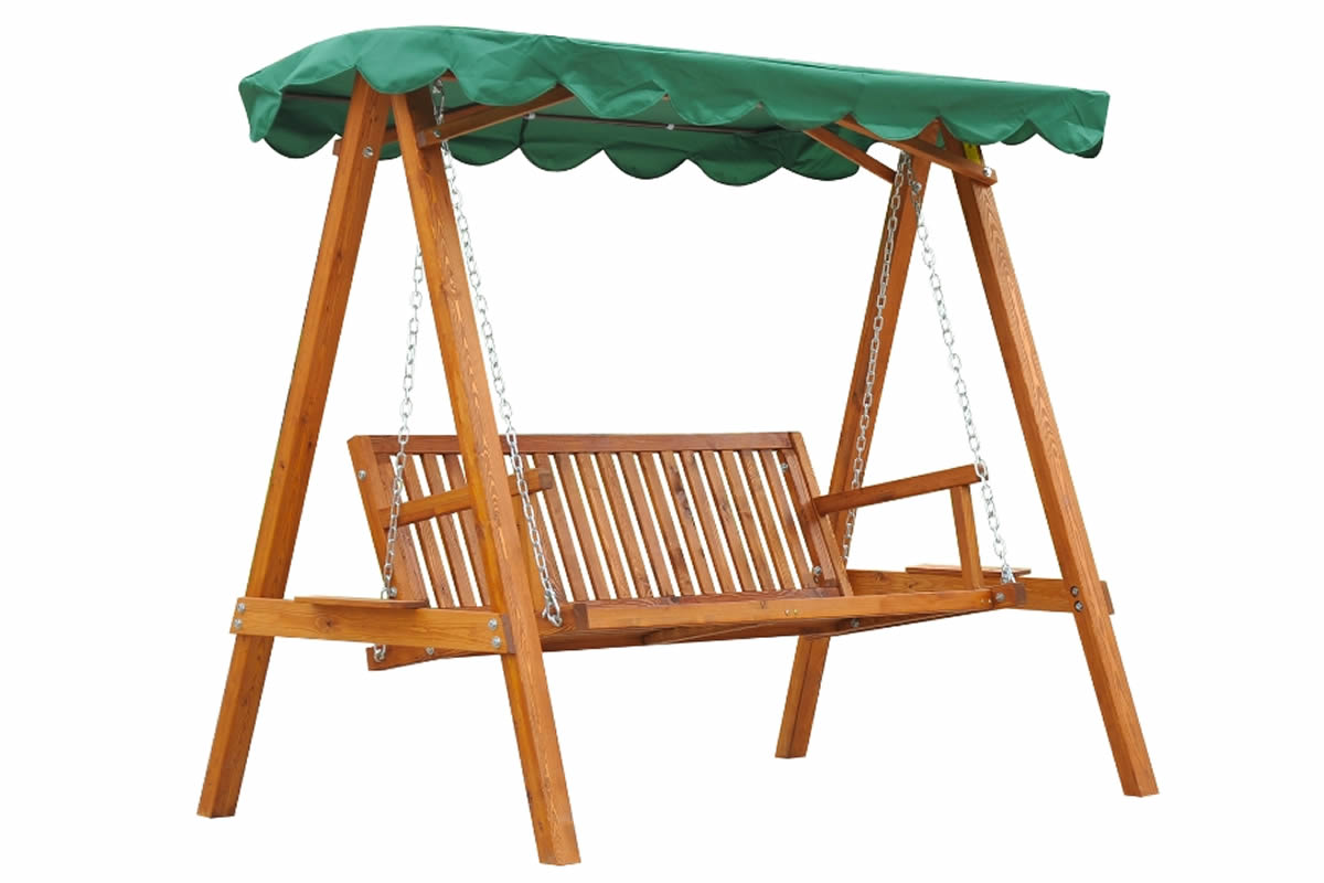 View Scotney 3 Seater Wooden Outdoor Garden Swing Chair Green Weather Proof Canopy Acacia Hardwood Frame Slatted Bench Seat Allows Airflow information
