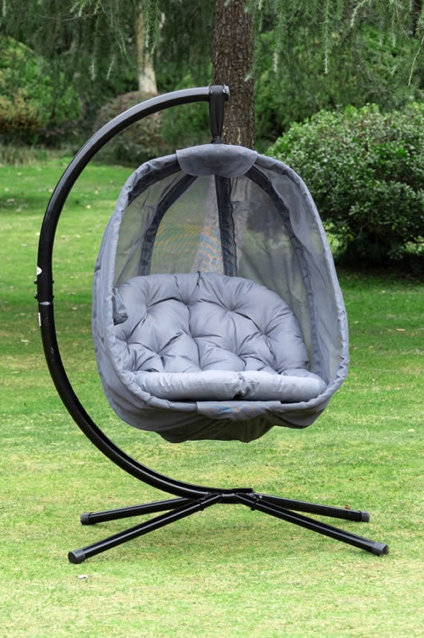 View Grey Fabric Outdoor Hanging Egg Chair Folding Basket Deeply Padded Cushion Robust Steel Metal Frame With Legs Weight 120KG Groby information