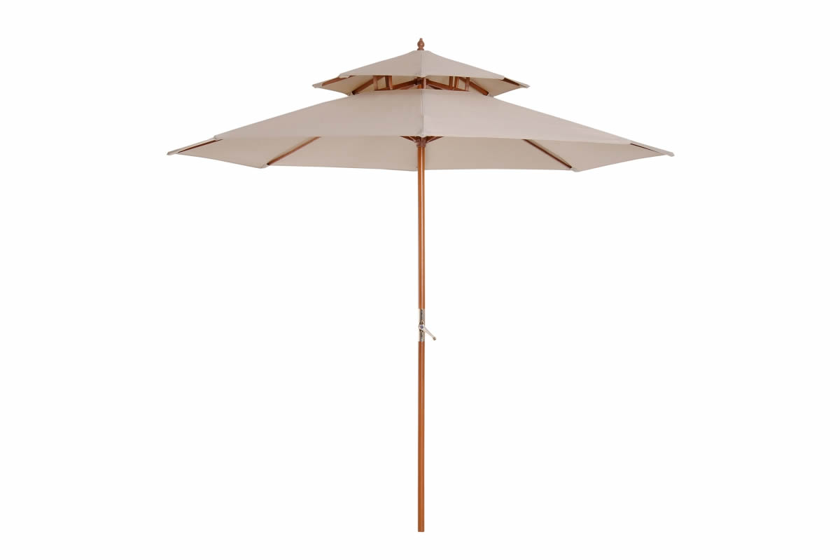 View Stanford Beige Double Tier Patio Parasol With Wooden Pole Cream Rain Resistant Fabric Double Canopy Prevents Wind Build Up 8 Sturdy Bamboo Ribs information
