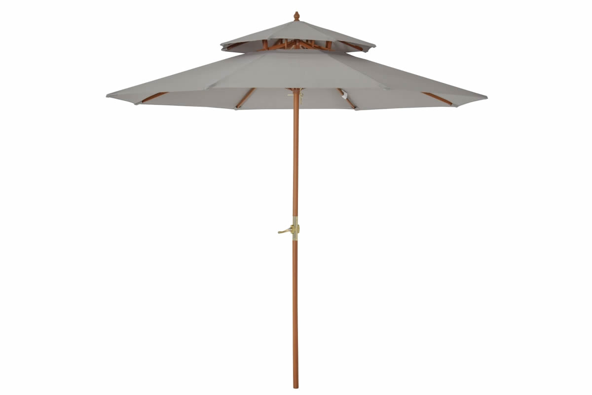 View Stanford Grey Double Tier Patio Parasol With Wooden Pole Cream Rain Resistant Fabric Double Canopy Prevents Wind Build Up 8 Sturdy Bamboo Ribs information