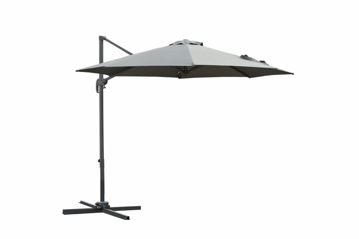 View Grey Fabric Round Garden Parasol With Cross Stand Four Position Canopy Tilt Crank Mechanism Moves Full 360 Metal Frame With Eight Ribs Hever information