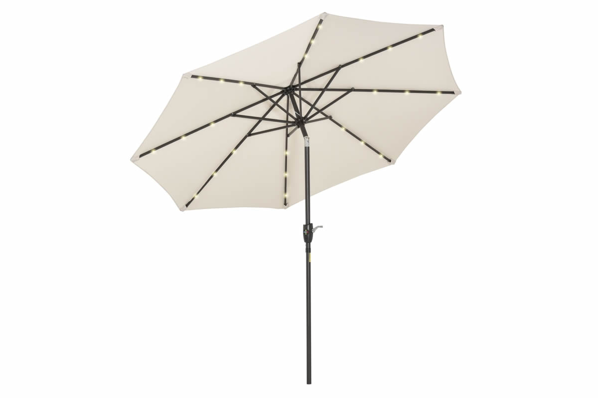 View Cream Fabric Garden Parasol Umbrella With 24 PreInstalled 4 Colour LED Lights Crank Tilt System 38mm Aluminium Pole 8 Ribs Loko information