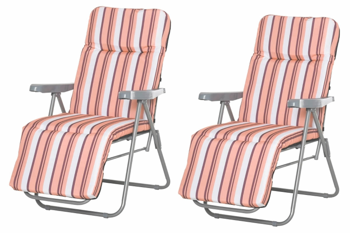 View Haddo Orange Stripe Outdoor Folding Sun Lounger Set Set of 2 Foldable Design Wide Seat 5 Level Recline Adjustment Thick Seat Back Cushion information