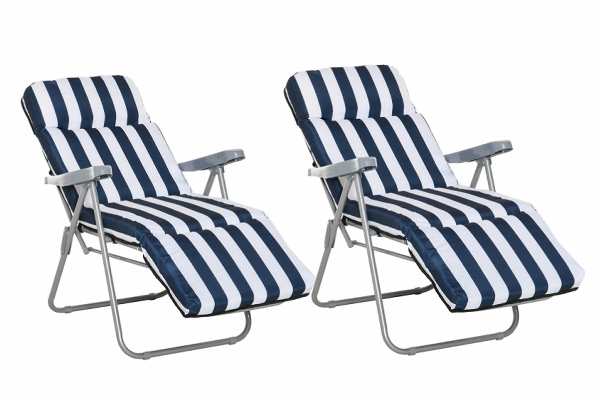 View Haddo Blue Stripe Outdoor Folding Sun Lounger Set Set of 2 Foldable Design Wide Seat 5 Level Recline Adjustment Thick Seat Back Cushion information