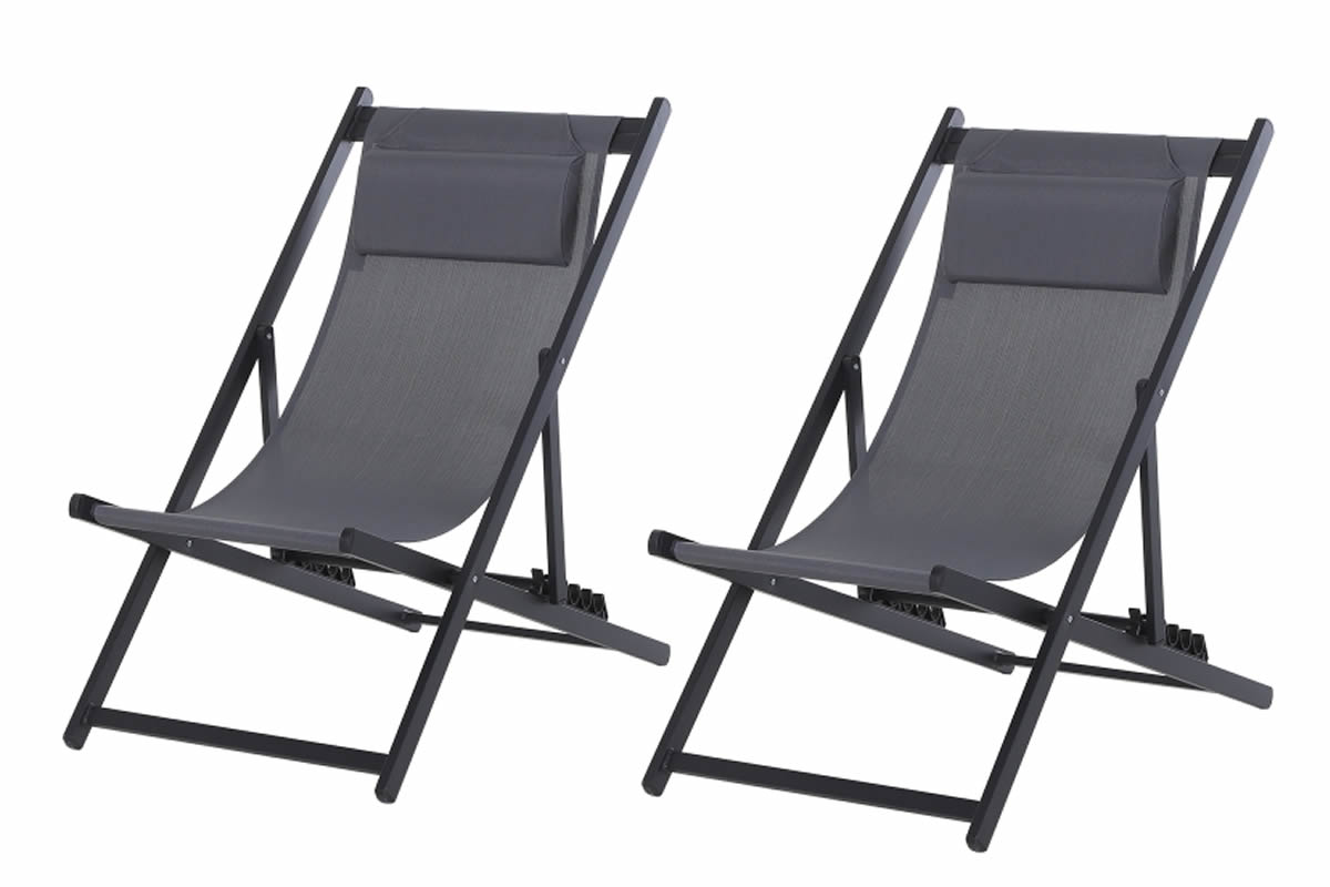 View Grey Fabric Pair Of Deck Chairs Set Of Two Robust Aluminium Frame Adjustable Backrest Weather Resistant Fabric Easily Folds To Store Away information