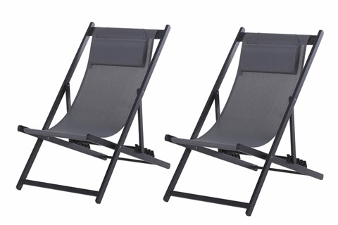 Set Of 2 Deck Chairs - Grey  - Aluminium Frame