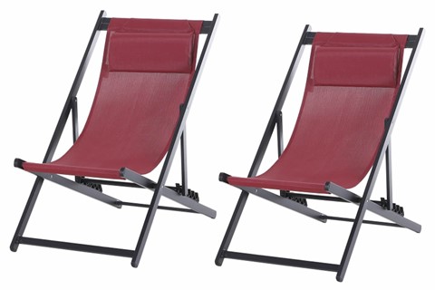 Set Of 2 Deck Chairs - Red Fabric - Aluminium Frame