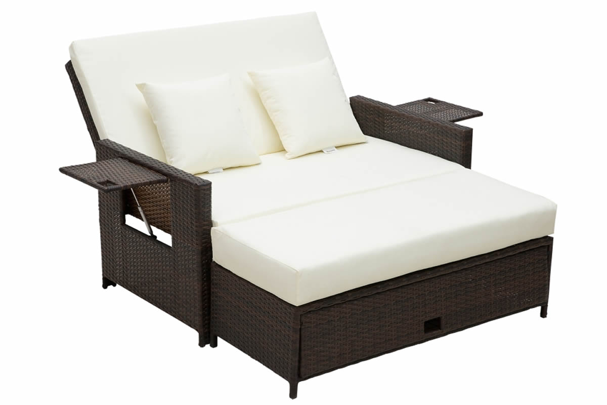 View Beauport Brown Outdoor Rattan 2Seater Day Bed With Cream Cushions Adjustable Backrest BuiltIn Retractable Side Tables Footstool With Storage information
