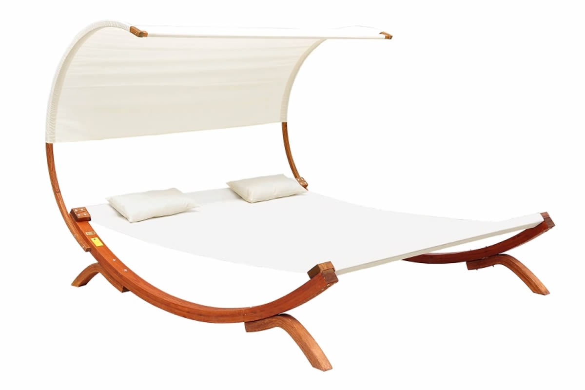 View Wooden 2 Person Hammock Outdoor Bed Lounger White Quick Dry Fabric Canopy Pillow Hardwood Frame Buxton information