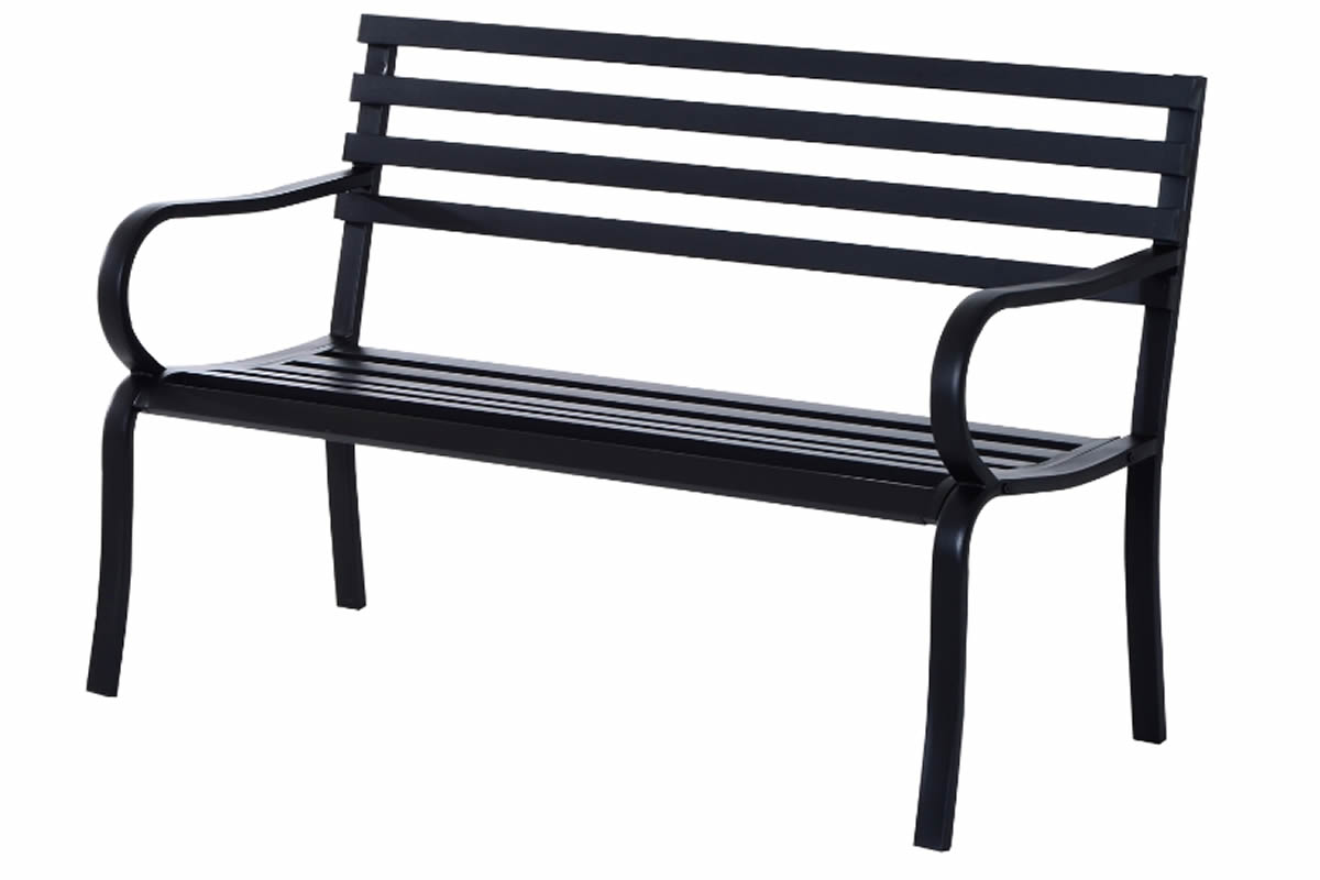 View Black Metal 2 Seater Garden Bench High Rise Back Armrest Slatted Design Powder Coated Steel Frame Water Resistant Aston information