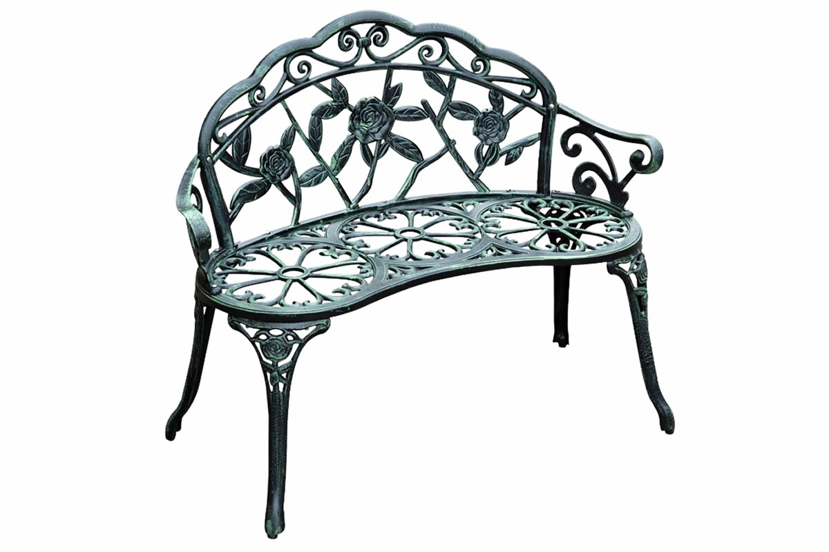 View Green 2 Seater Metal Garden Love Seat Bench Curved Seat Back With Floral Design Cast Aluminium With Powder Coated Finish Horwood information