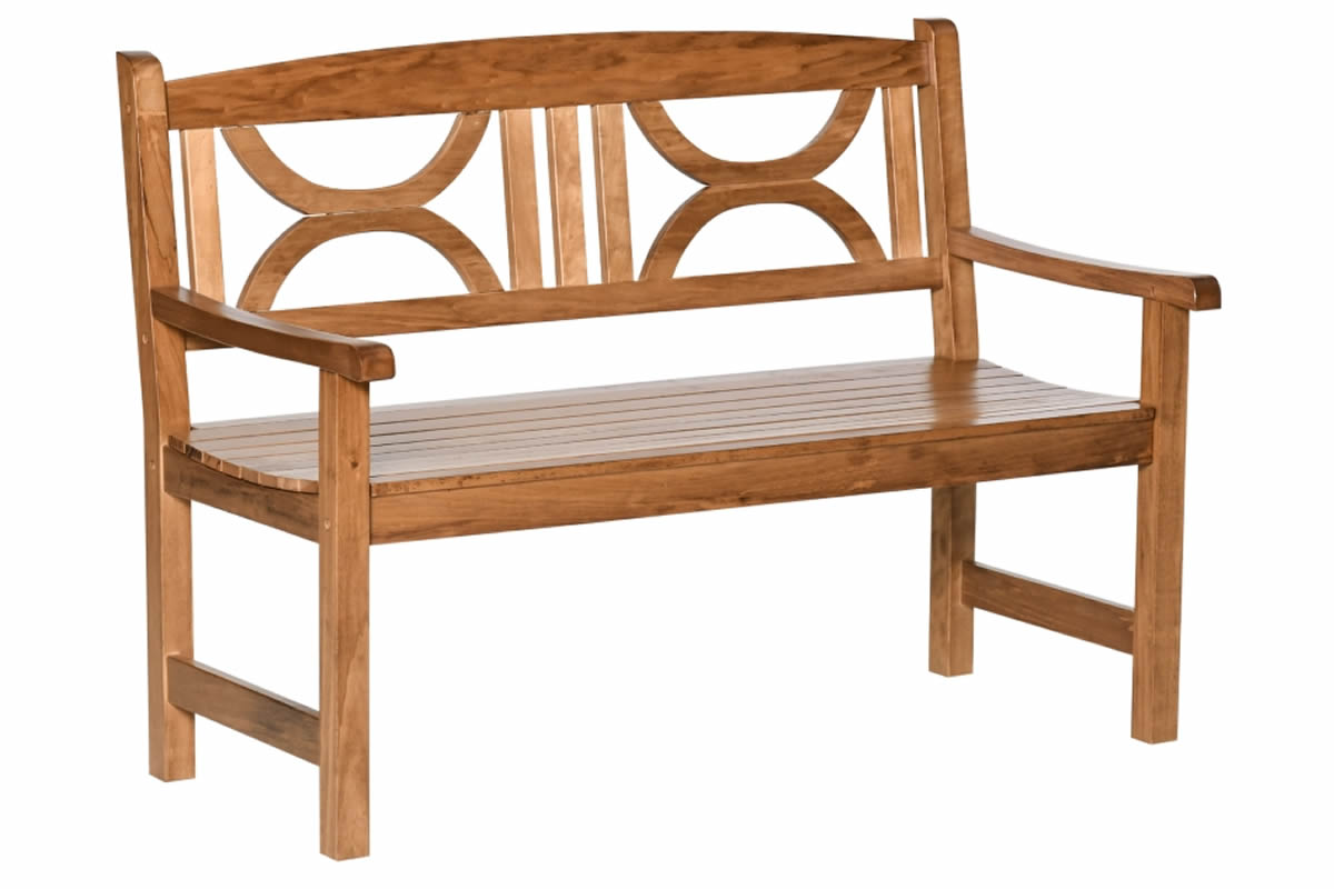 View Brown Wooden 2 Seater Garden Bench Slatted Curved Seat Celtic Curved Backrest Strong Wood Construction Dorney information