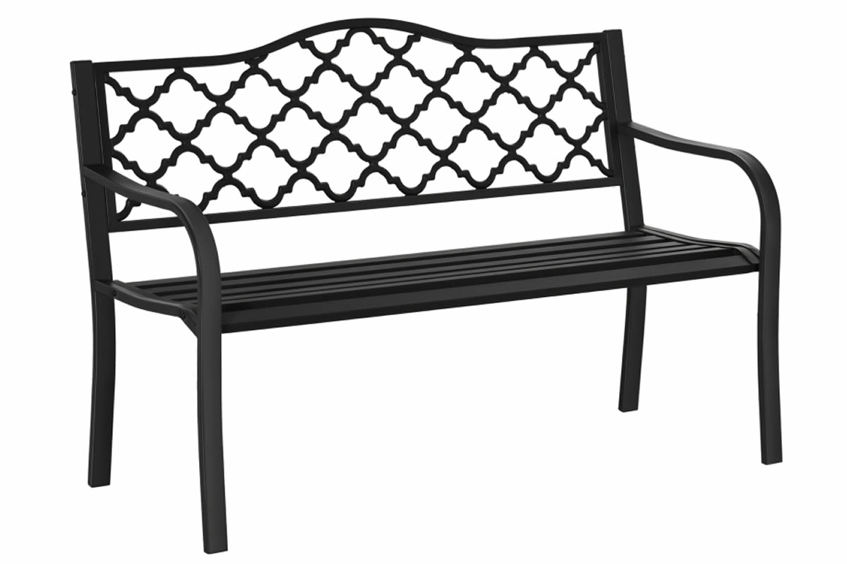 View Black Metal 2 Seater Garden Bench Slatted Seat High Backrest With Decorative Design Curved Armrest Powder Coated Finish Caversham information