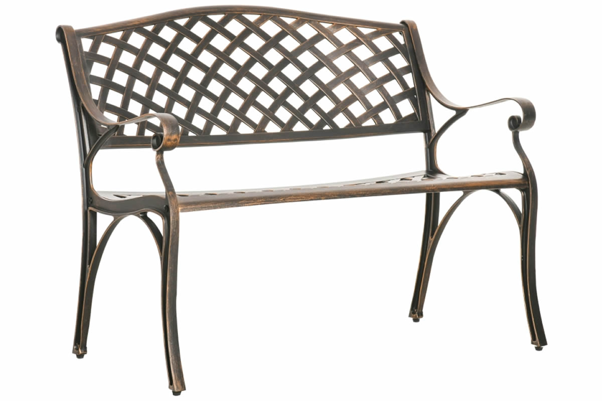 View Oakham Antique Bronze Effect Cast Aluminium 2 Seater Outdoor Garden Bench Latticed Seat Backrest Allows Airflow Robust Rust Resistant Frame information